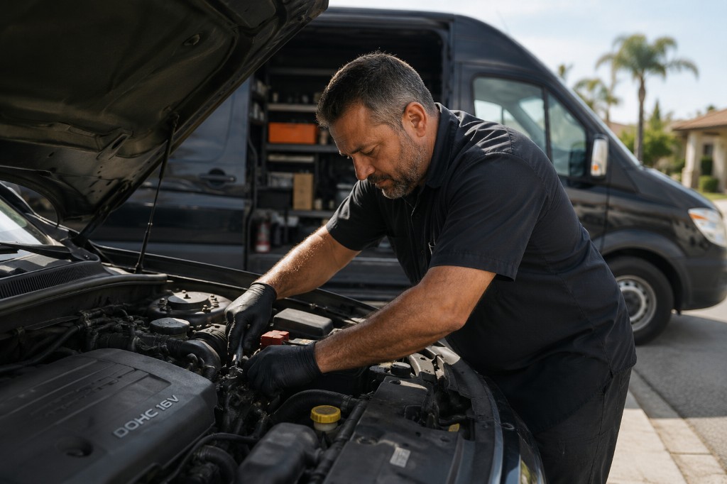 LetsWrench mobile mechanic repairing an engine on-site beside a service van